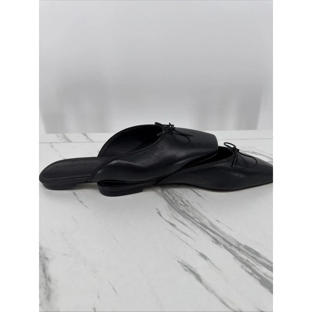 Everlane The Ballet Mule Leather Square Toe Bow Flat Slides Shoes Black Womens 8